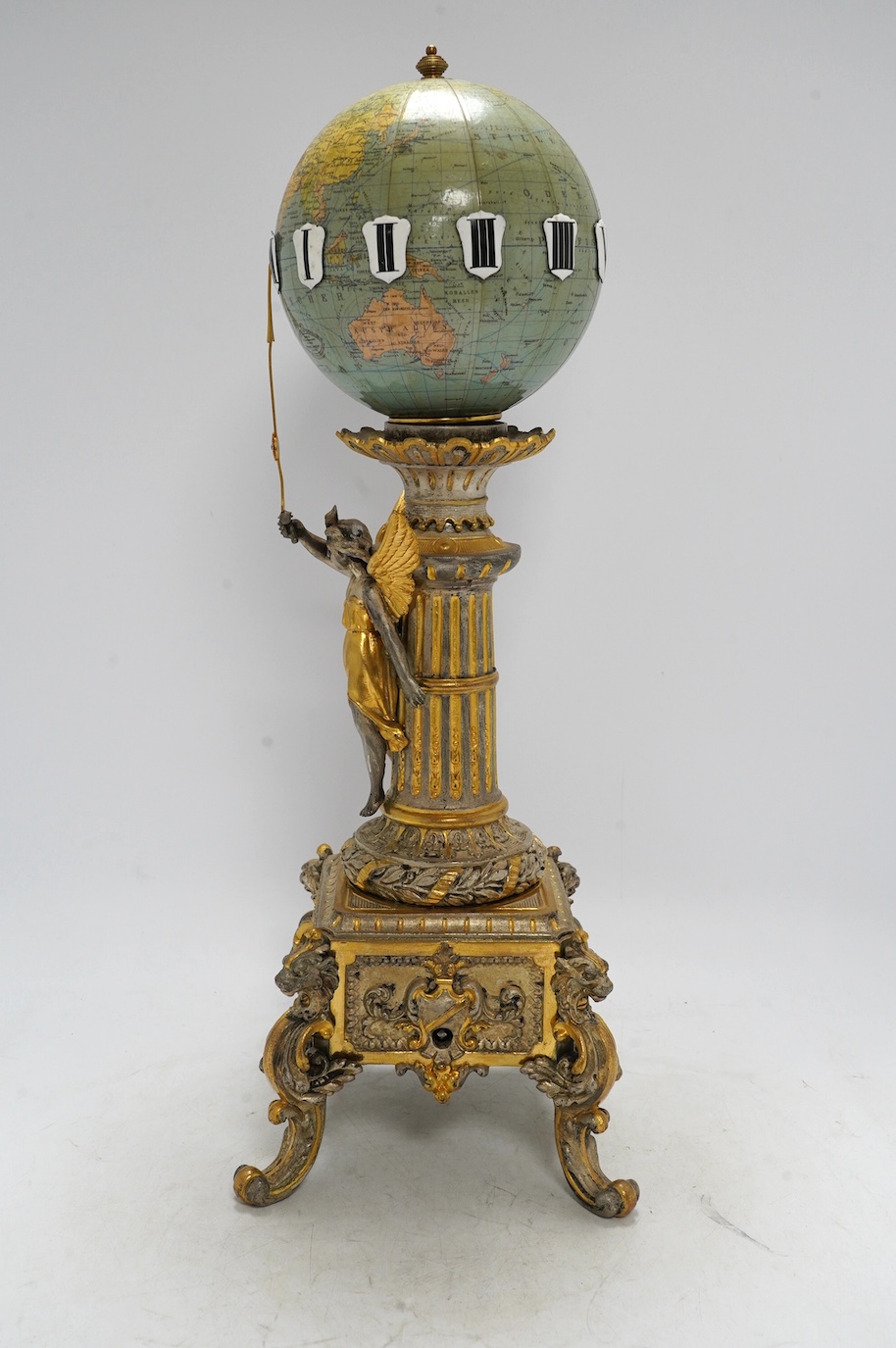 A late 19th century German Columbus Erdglobus globe timepiece, 49cm high. Condition - fair